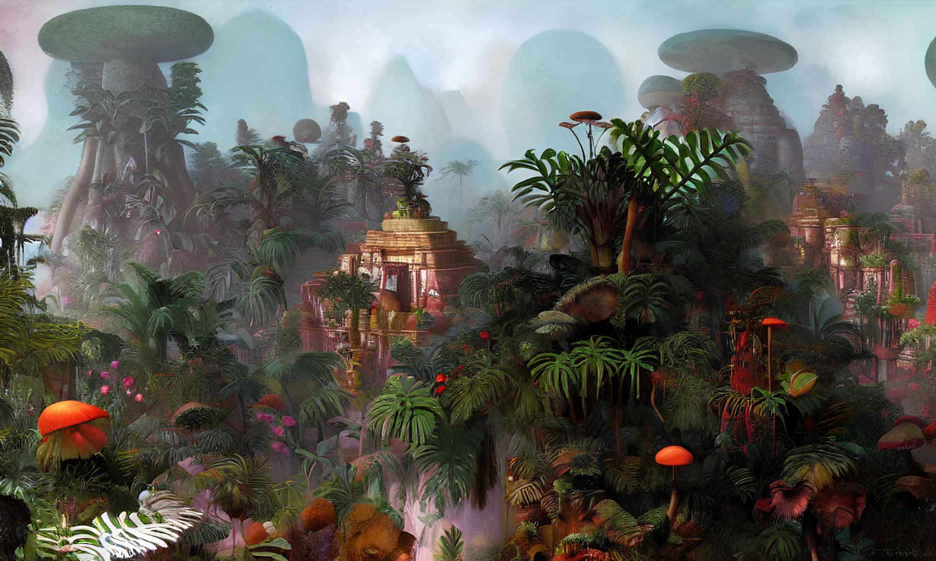 Fantastical jungle with oversized mushrooms and golden temple.