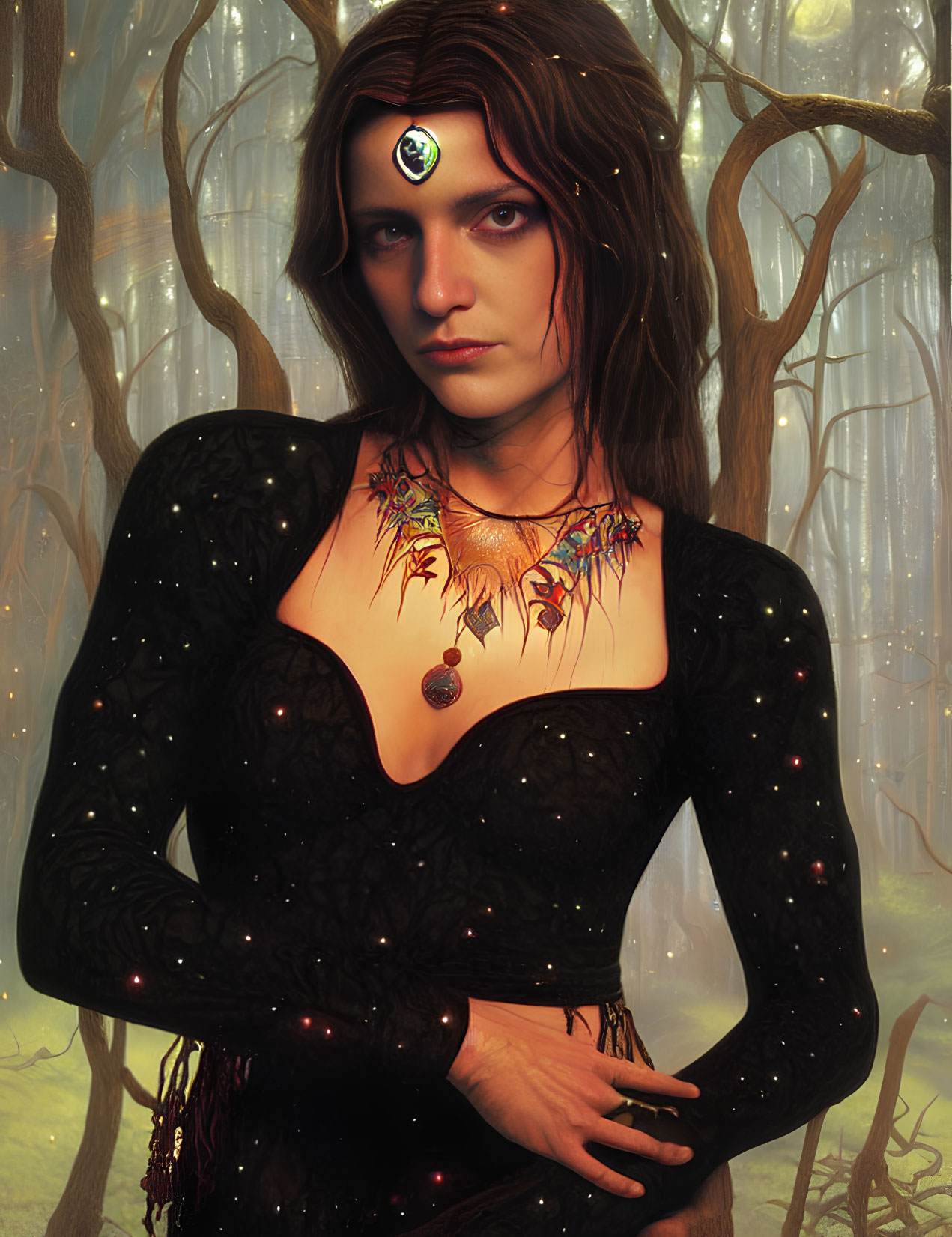 Mystical woman in black dress with jewel in forest