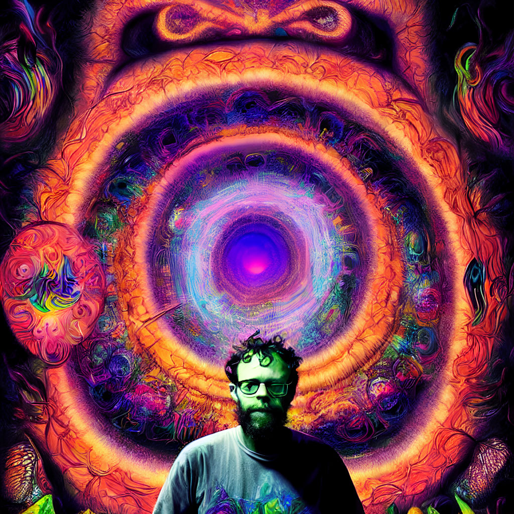 Man with glasses in front of vibrant psychedelic background