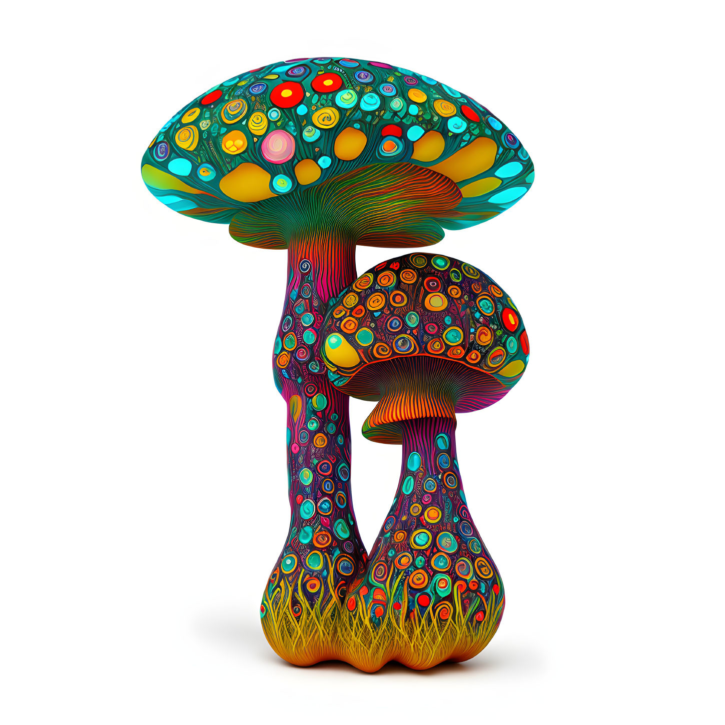 Colorful Psychedelic Patterned Mushrooms on White Background