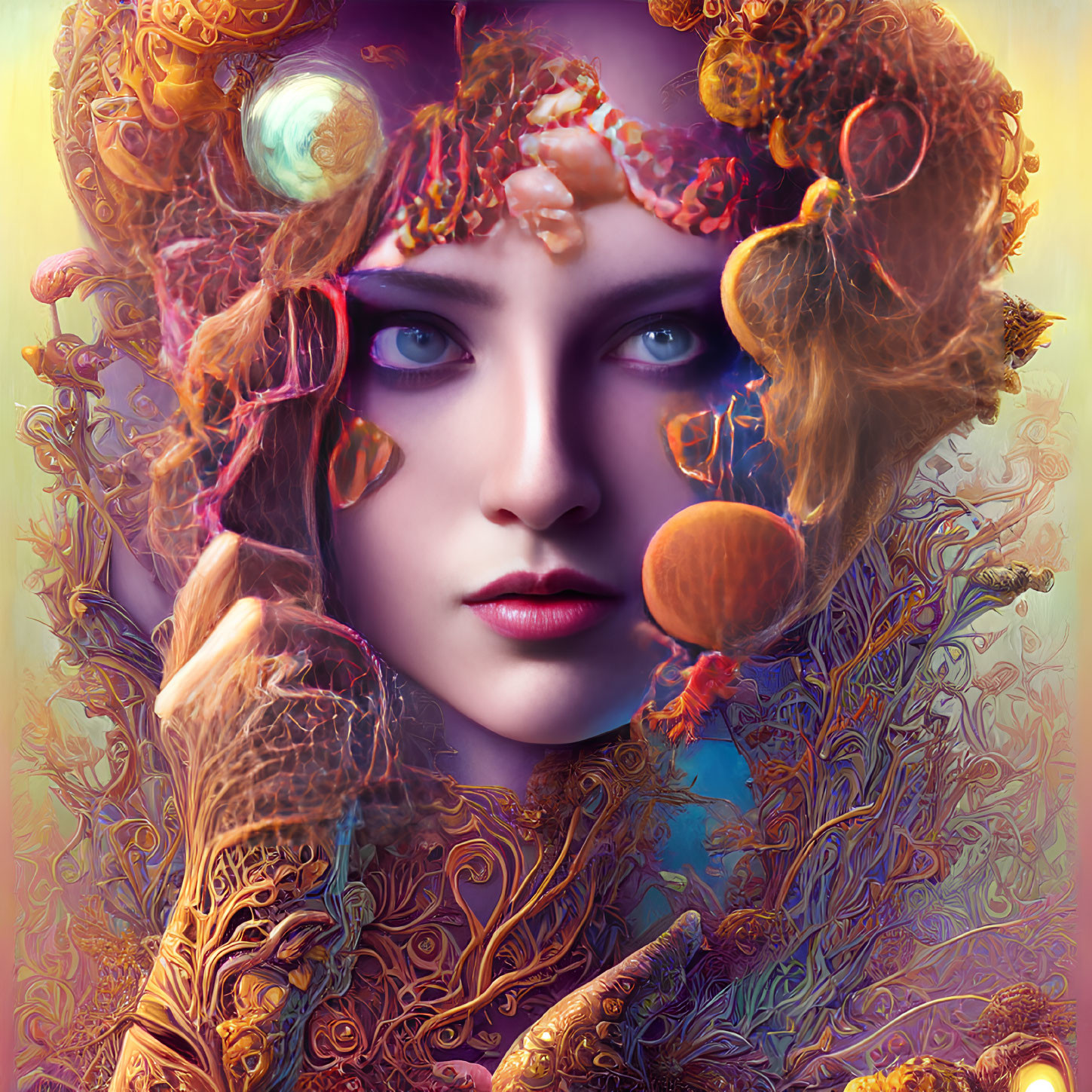 Fantasy portrait of a woman with violet eyes and ornate headpiece