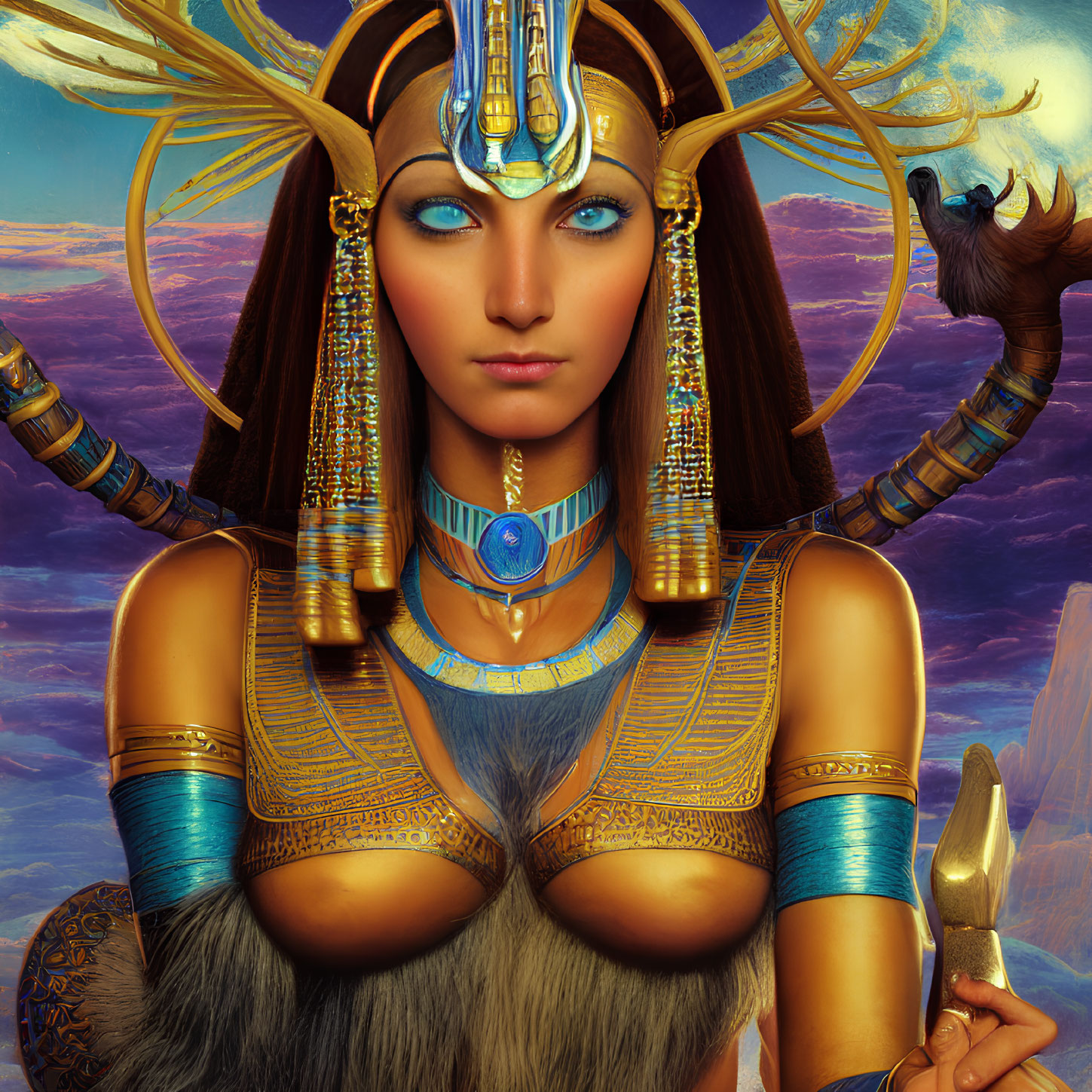 Digitally illustrated fantasy woman with Egyptian headdress and jewelry in mystical setting