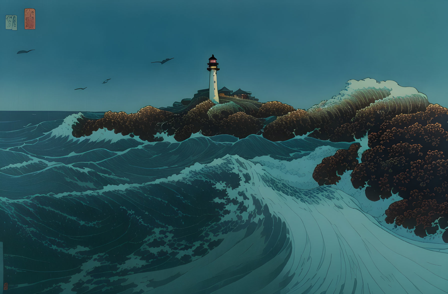 Illustration of towering lighthouse on rocky coast amid turbulent ocean waves and birds in flight