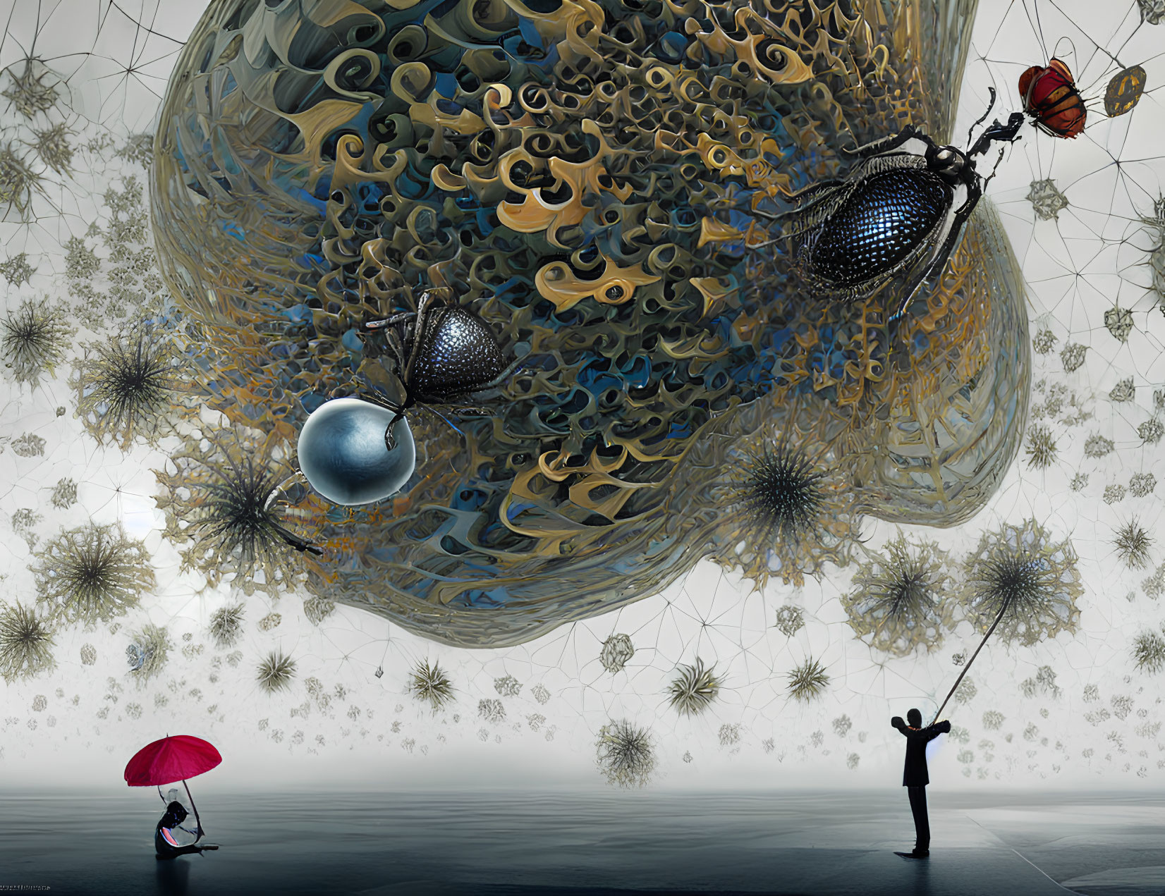 Surreal artwork: person with umbrella, ethereal structures, orbs with mechanical details, reflective surface