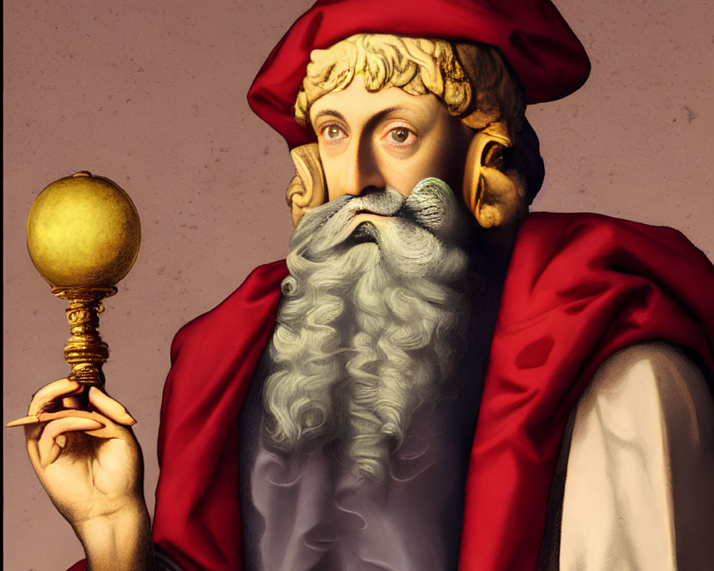 Man with Long Gray Beard in Red Hat and Robe Holding Golden Orb