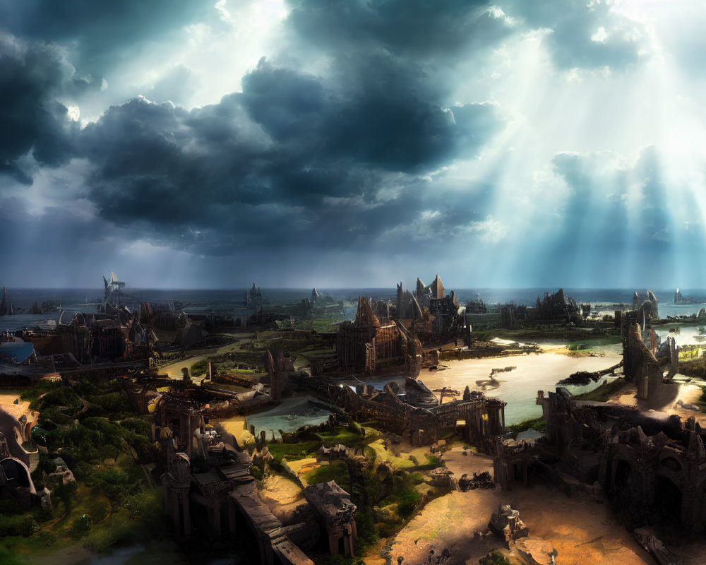 Sunlight illuminates fantasy landscape with medieval buildings and statues