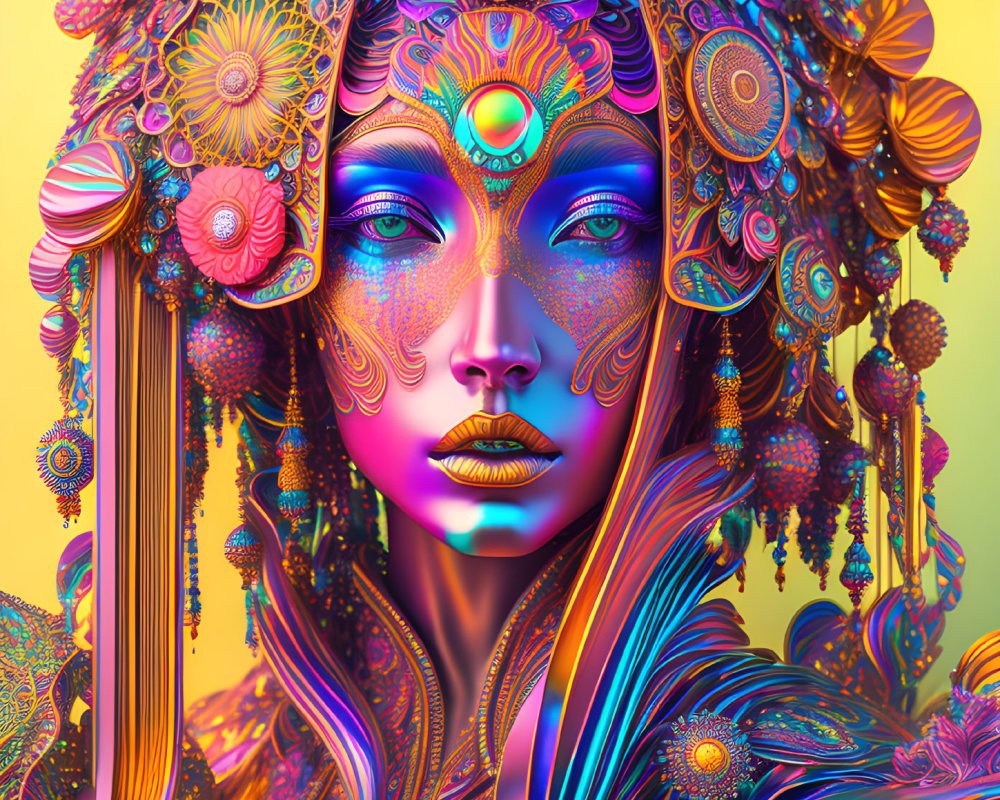 Colorful digital artwork of female figure with intricate patterns and mystical aura