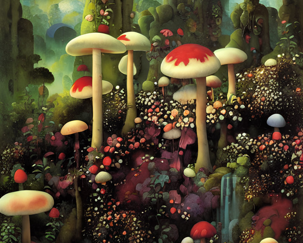 Vibrant oversized mushrooms in lush forest setting