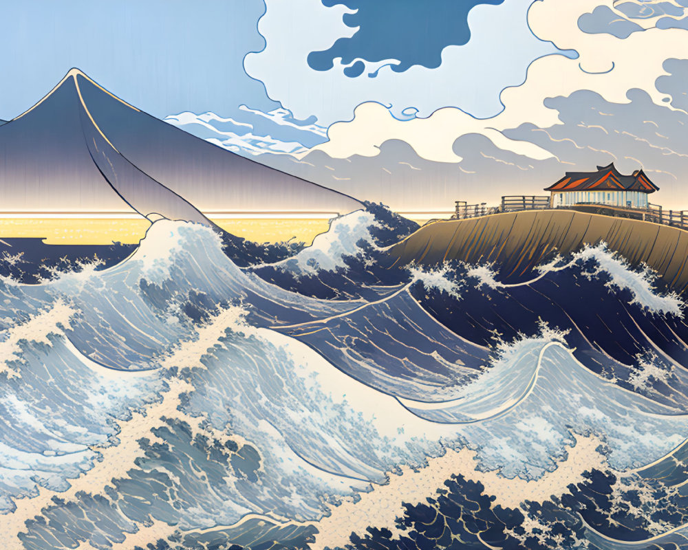 Illustration of stylized waves with lighthouse, pier, and mountain under cloudy sky