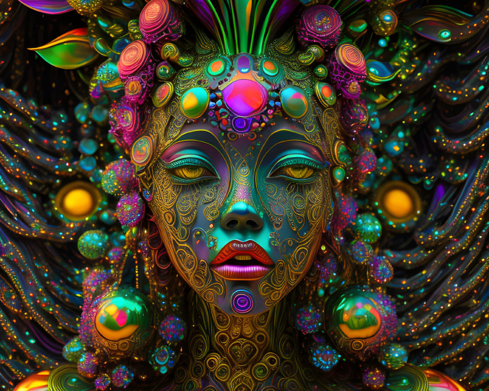 Colorful digital portrait of female figure with jewels, feathers, and intricate patterns