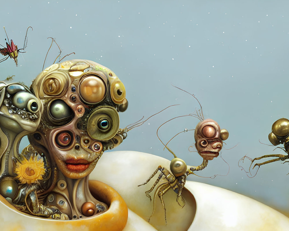 Surreal Artwork: Humanoid Faces with Mechanical and Organic Elements