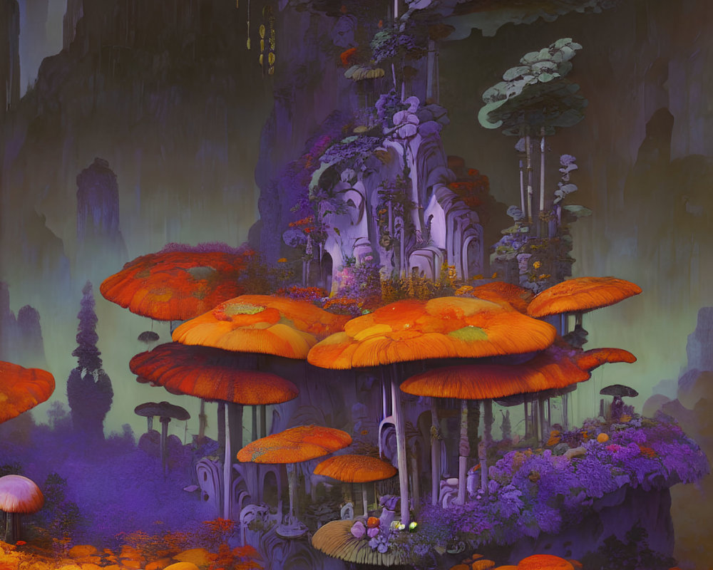 Fantastical landscape with towering orange mushrooms and purple foliage under a violet sky