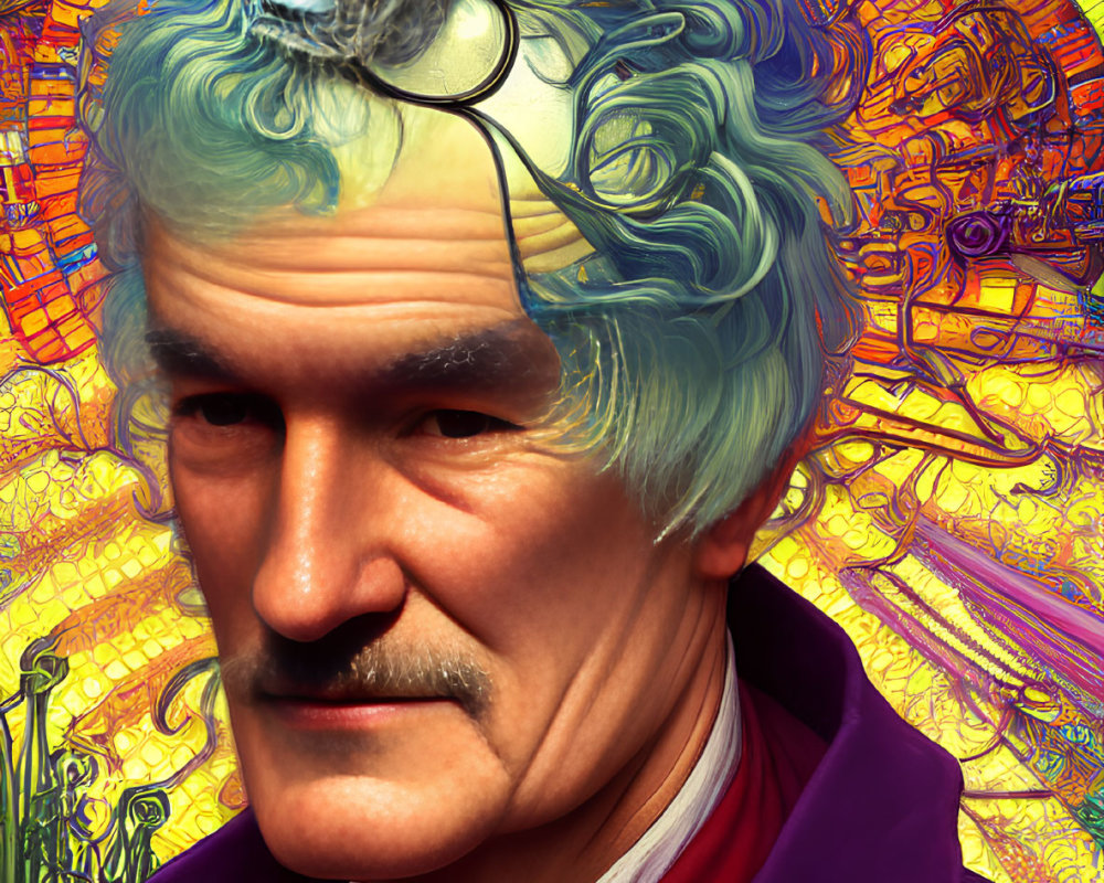 Colorful portrait of a man with mustache and steampunk goggles surrounded by intricate backdrop and snake