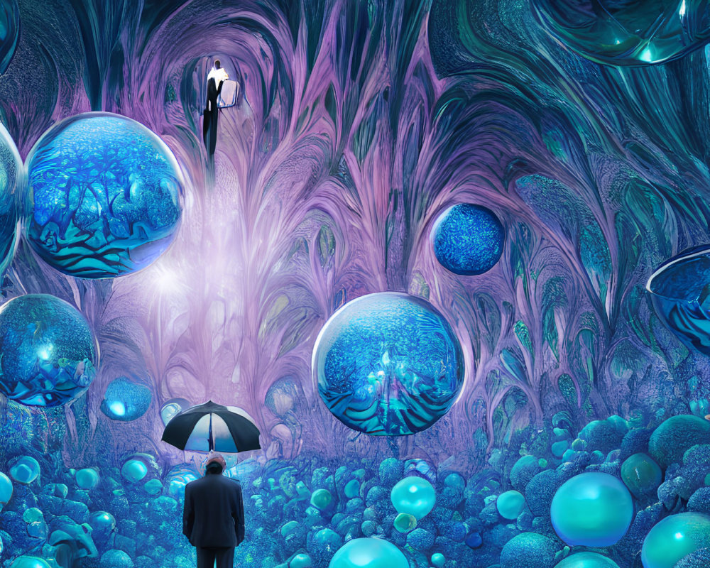 Surreal landscape with two men, umbrella, floating orbs, and intricate purple vegetation