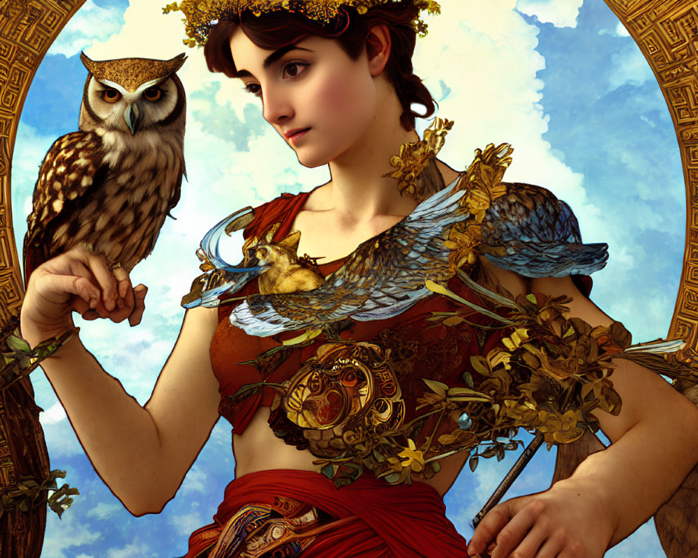 Stylized Greek mythology woman with owl, laurel, armor, ornate backdrop