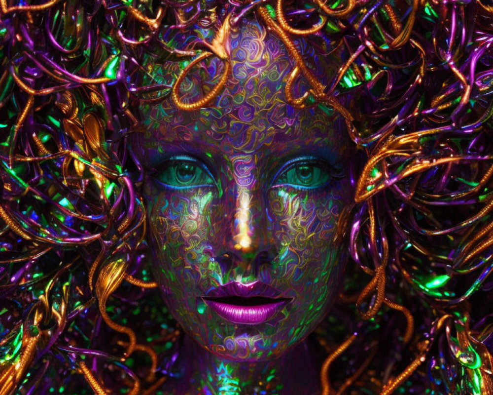 Colorful portrait with intricate patterns and golden curls on a figure against metallic backdrop