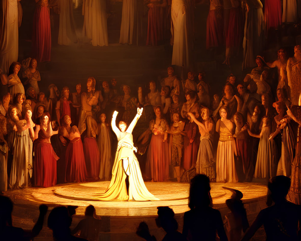 Performer in White Costume Spotlighted on Stage with Audience Raised Hands