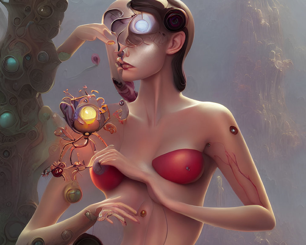 Futuristic artwork of woman with advanced goggles adjusting mechanical orb in misty landscape