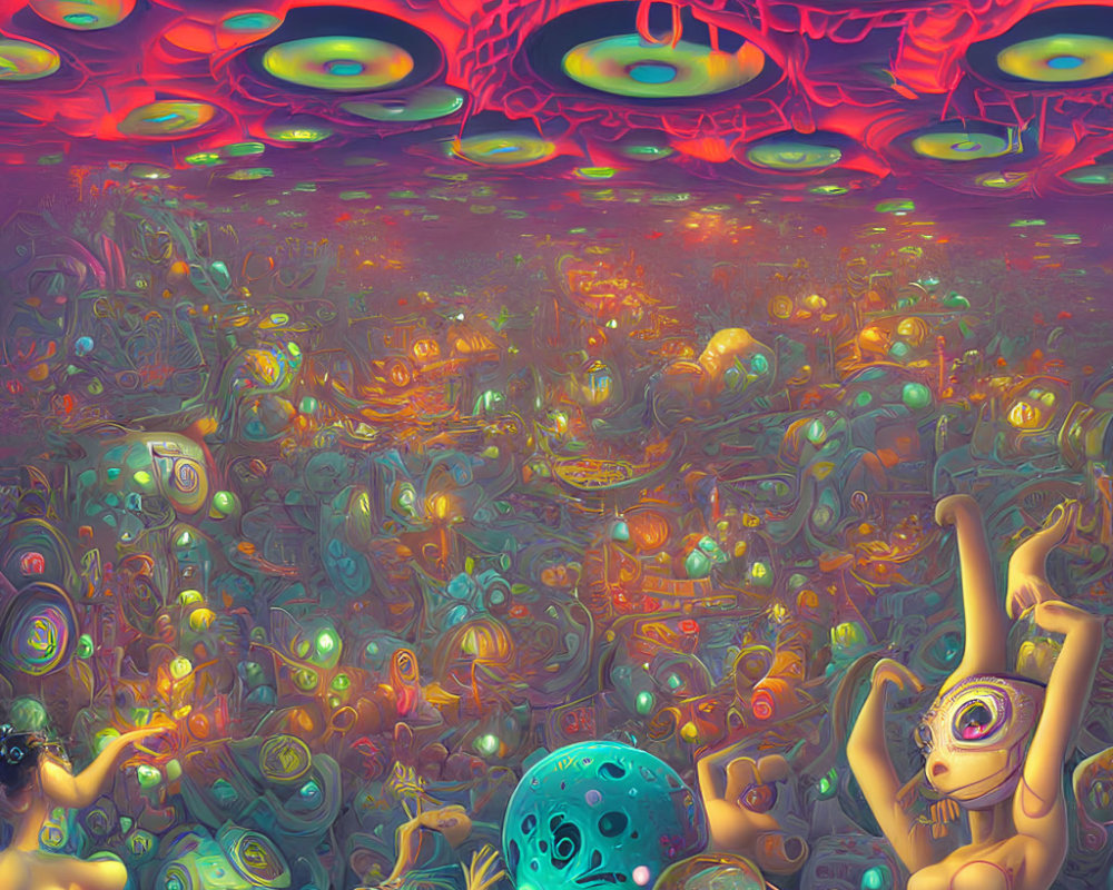 Colorful Psychedelic Landscape with Bizarre Creatures and Floating Eyes