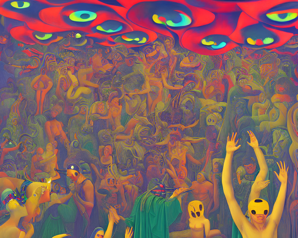 Colorful surreal painting: human figures in masks among many eyes