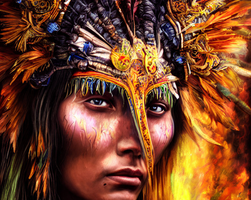 Intense gaze and colorful feathered headdress with tribal facial paint