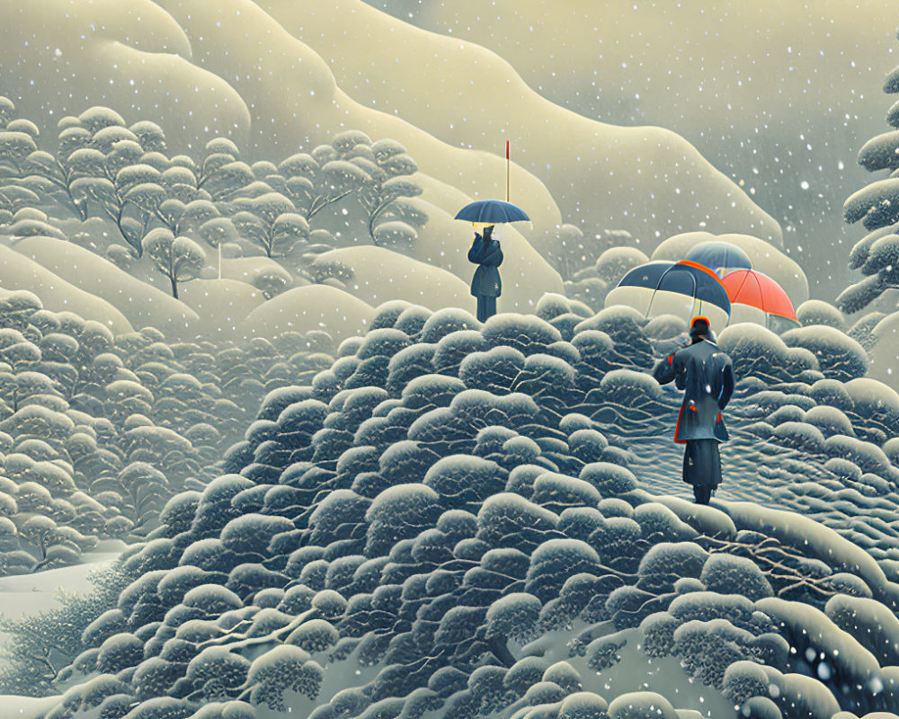 Snow-covered hills and falling snowflakes scene with two people holding umbrellas and a glowing lantern.