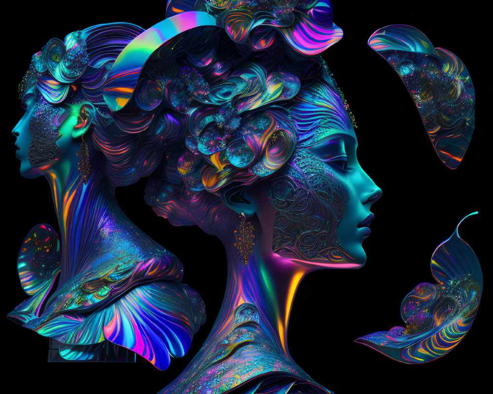 Digital Art: Three Profile Views of Woman with Iridescent Patterns and Butterflies