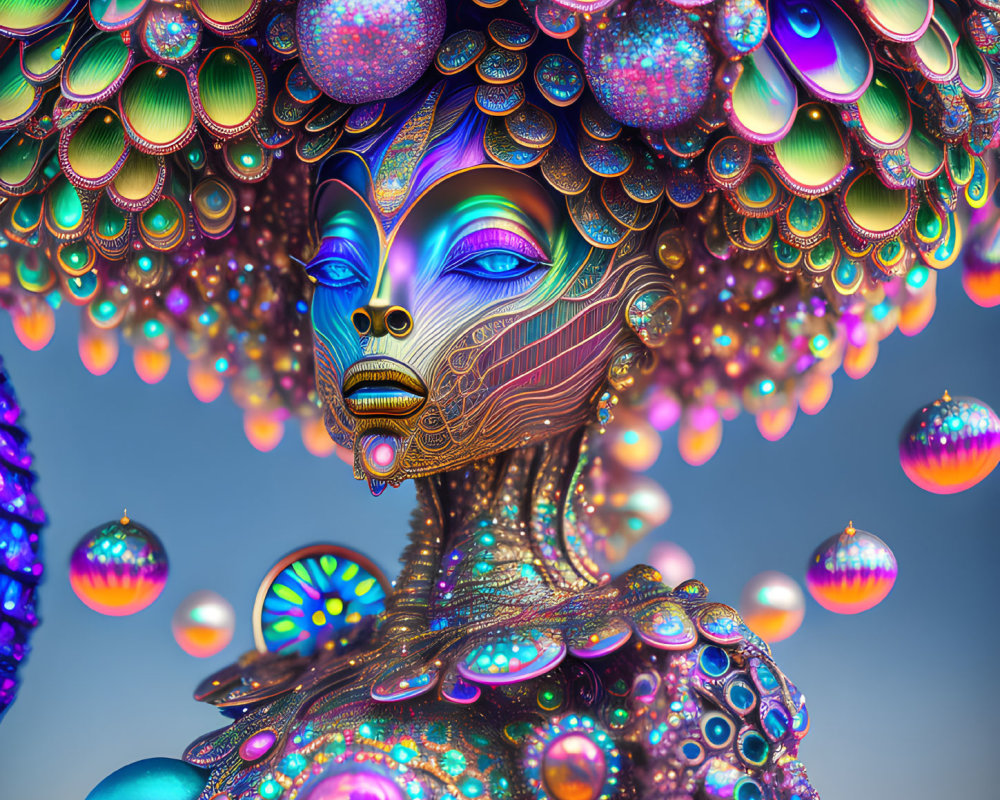 Vibrant futuristic female figure with iridescent headpiece and metallic blue skin