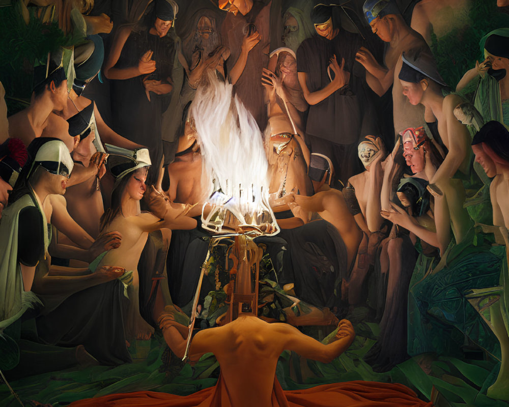 Surreal painting: figures around central fire with inverted torso and chandelier