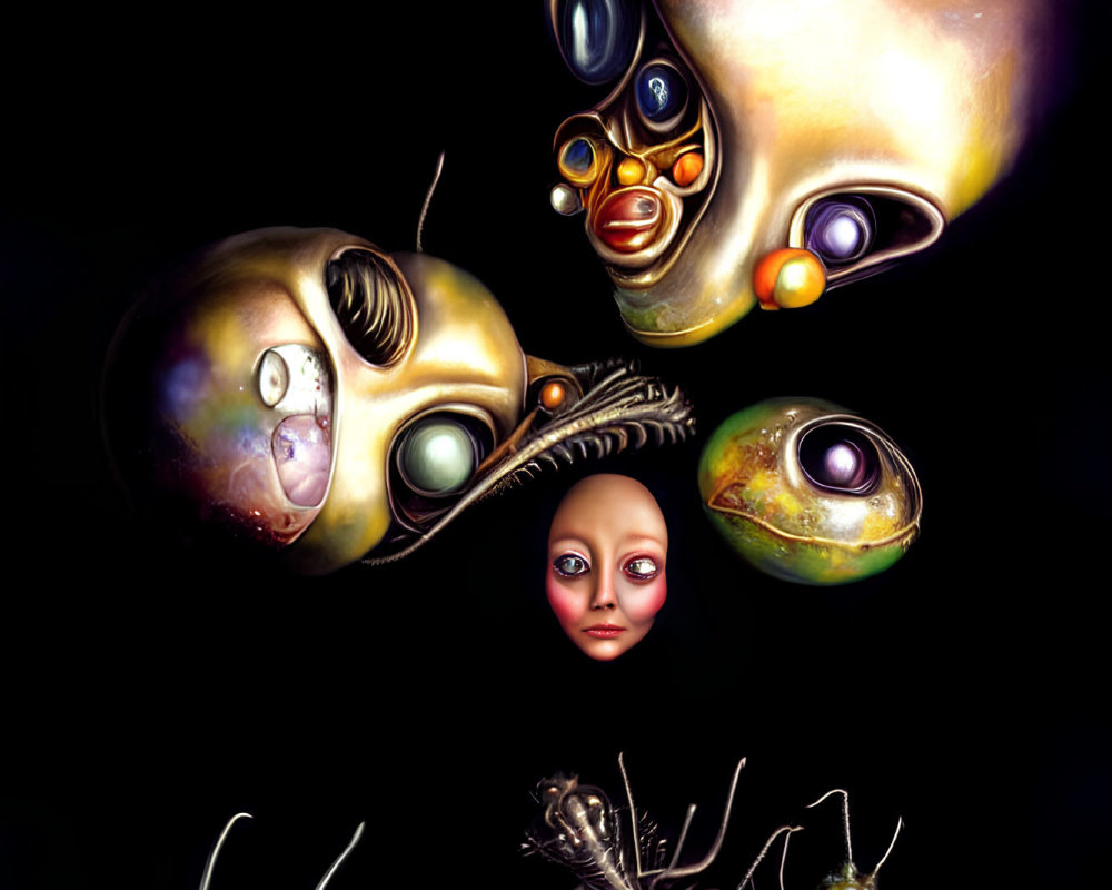 Abstract surreal artwork: colorful heads with multiple eyes and mechanical elements on dark background