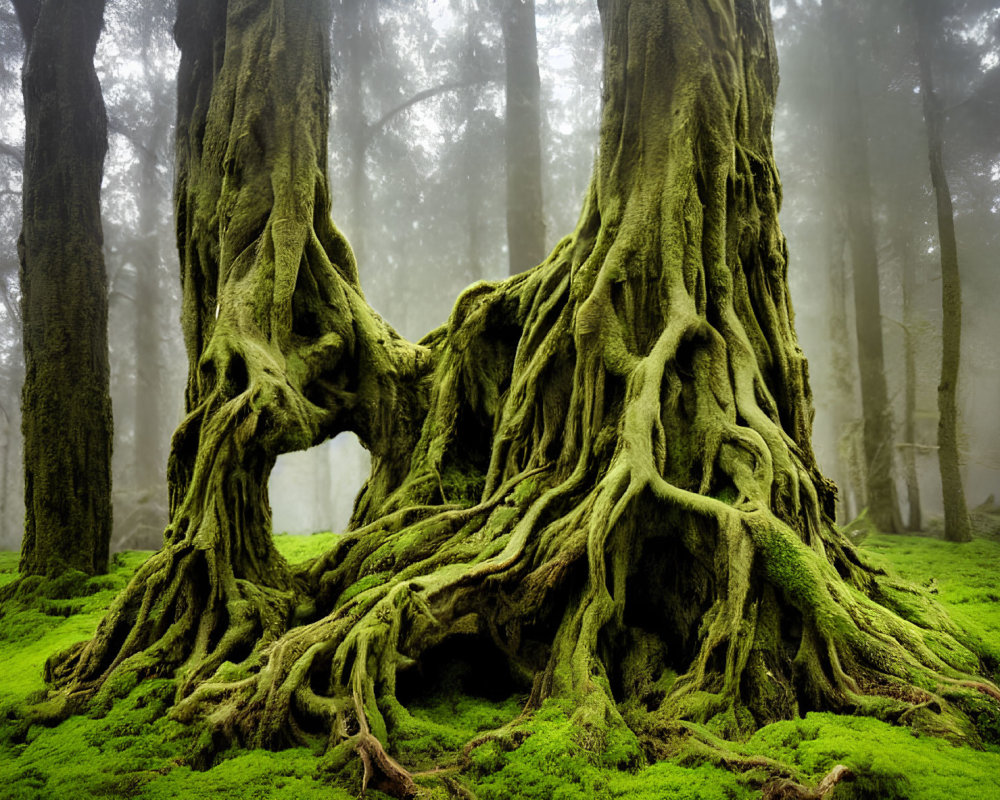 Ancient tree with gnarled roots in misty forest, moss-covered