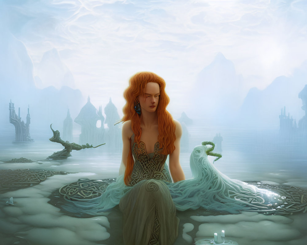 Redheaded Woman in Green Dress with Dragon in Misty Mountain Landscape