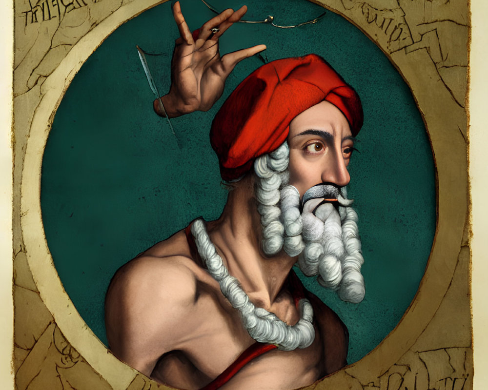 Stylized portrait of bearded figure in red turban with ornate circular frame.