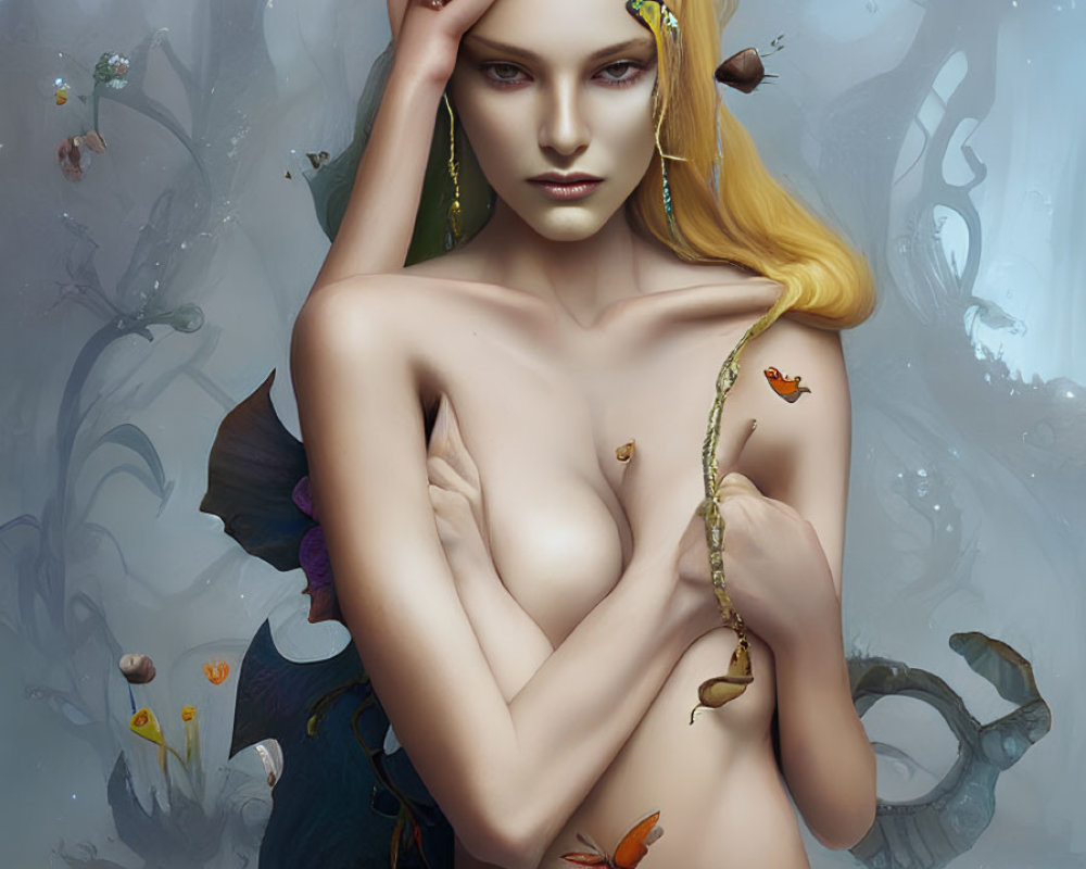 Fair-haired woman with aquatic elements in surreal portrait