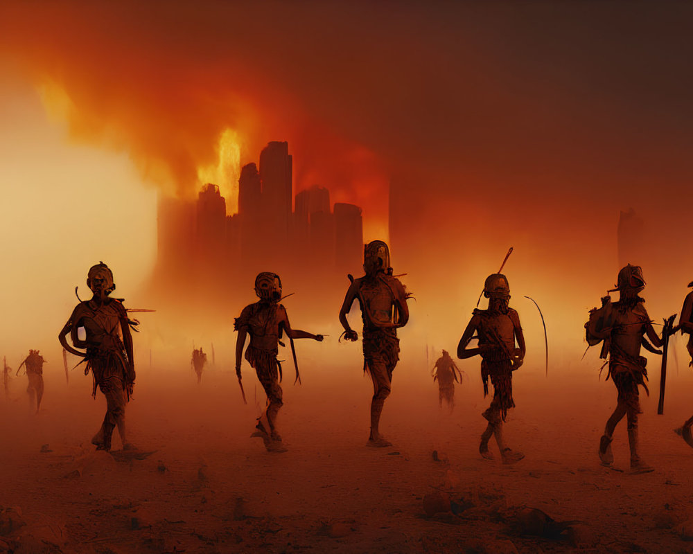 Tribal warriors in apocalyptic landscape with city silhouette & fiery skies