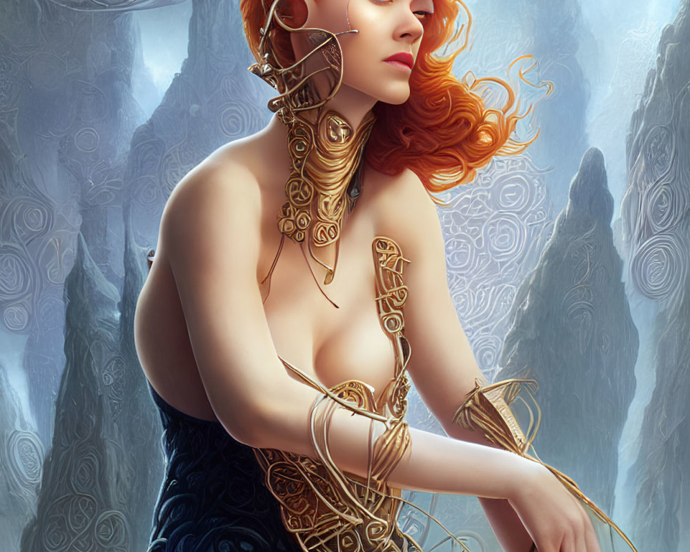 Ethereal woman adorned with golden jewelry and tattoos in mystical setting