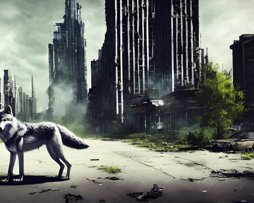 Desolate post-apocalyptic cityscape with lone wolf among ruins