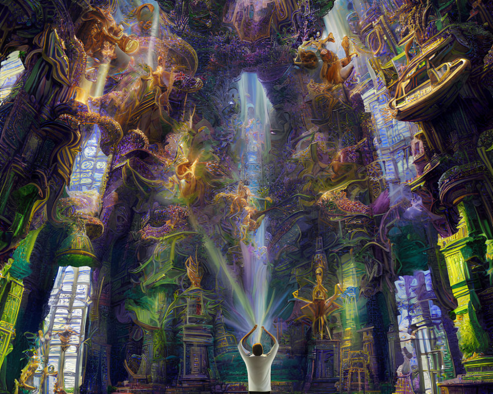 Colorful indoor fantasy scene with central figure and ethereal beings in detailed architecture.