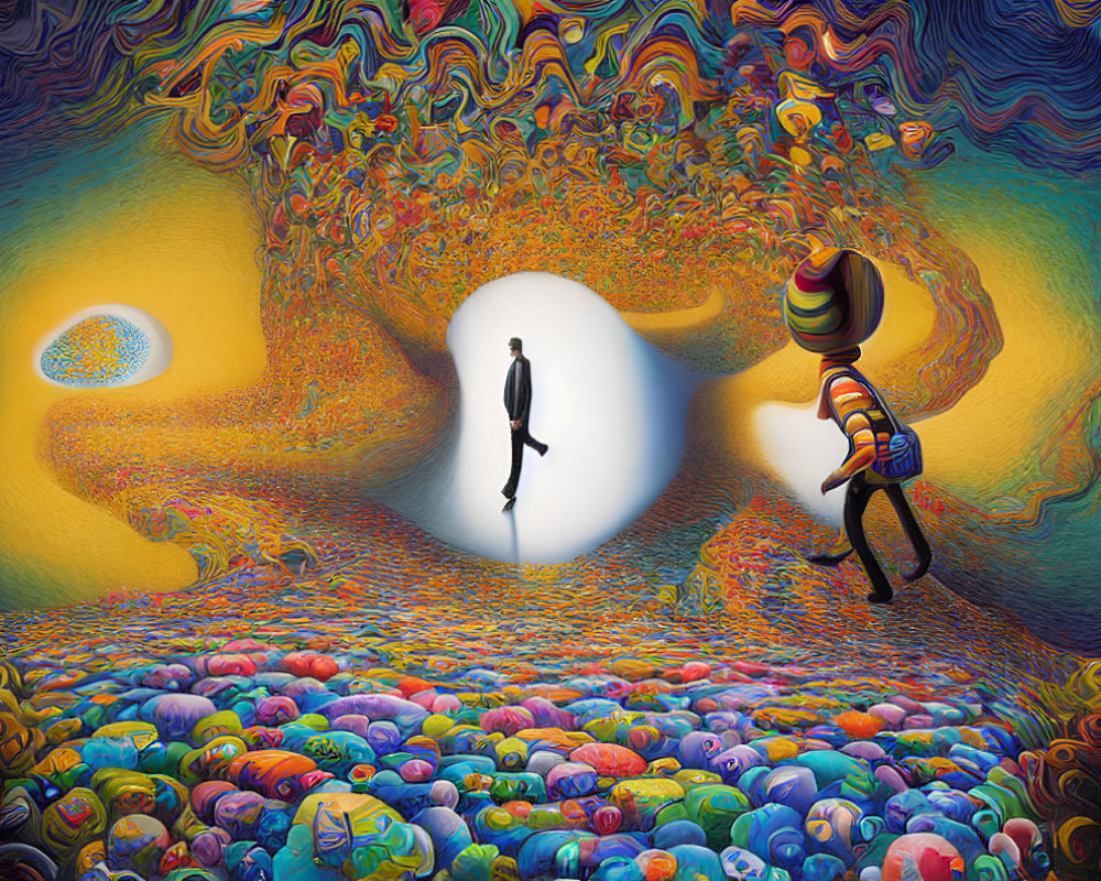 Vibrant surreal landscape with glowing portal and striped figure in eye-patterned surroundings