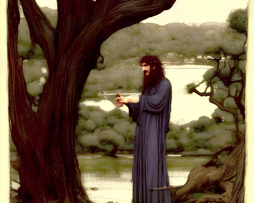 Bearded figure in blue robe wields sword by serene lake in forest clearing