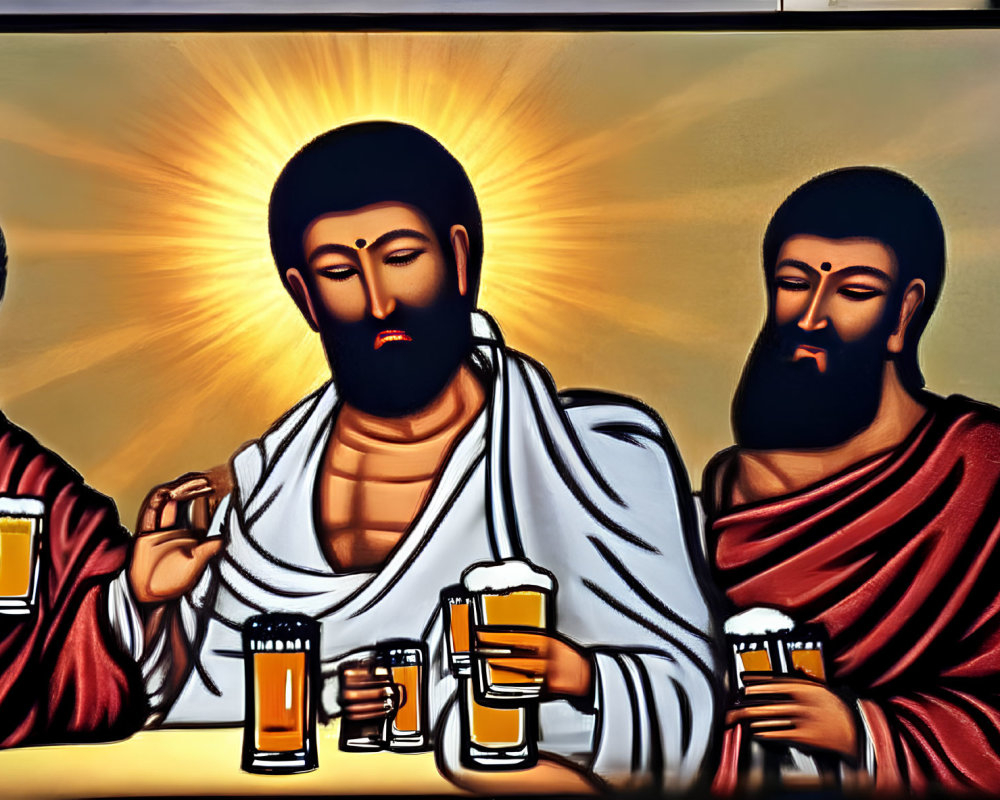 Three Bearded Figures in Traditional Robes Holding Beer Mugs with Radiant Halo