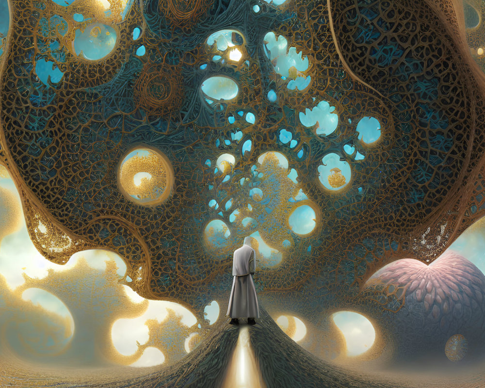 Person on narrow path gazes at surreal canopy with floating orbs and coiled creature under golden sky