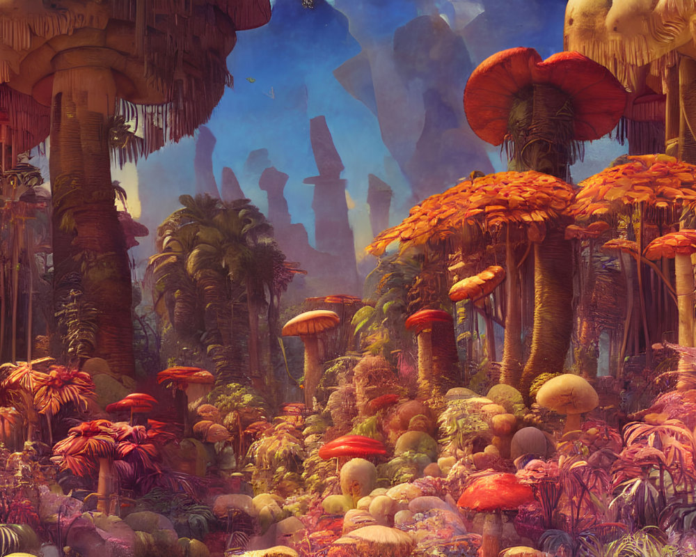 Colorful alien landscape with towering mushroom trees & warm atmosphere