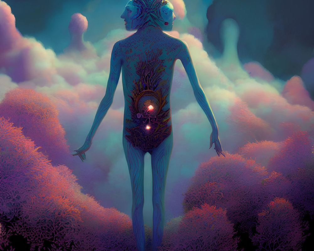 Surreal human-like figure with open back in cosmic scene amidst purple foliage and floating figures