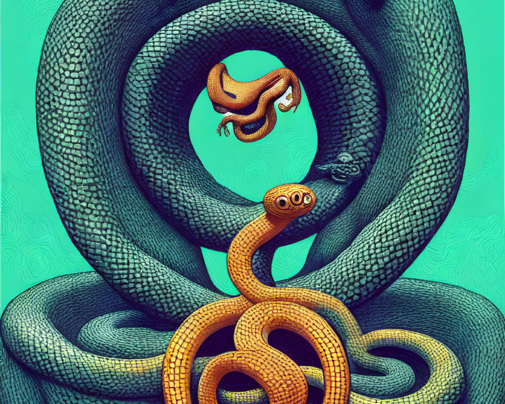 Stylized snakes intertwined in infinity loop on teal background