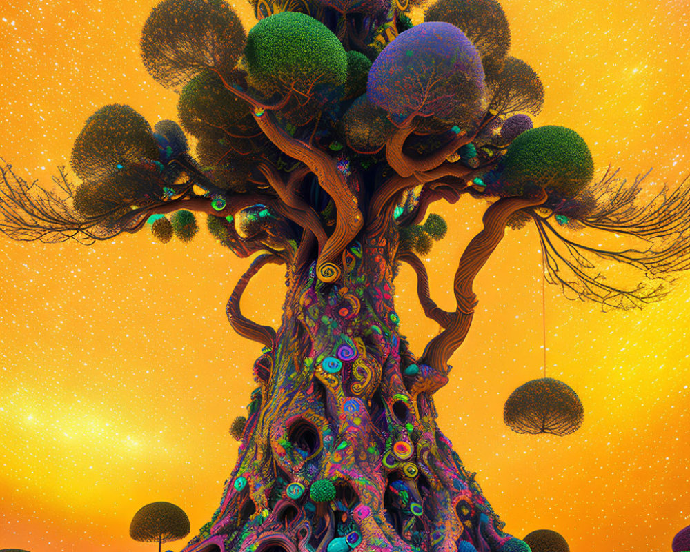 Colorful psychedelic tree with intricate patterns under an orange sky