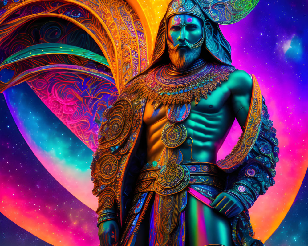 Colorful digital artwork: Mythical warrior in ornate armor against psychedelic celestial backdrop