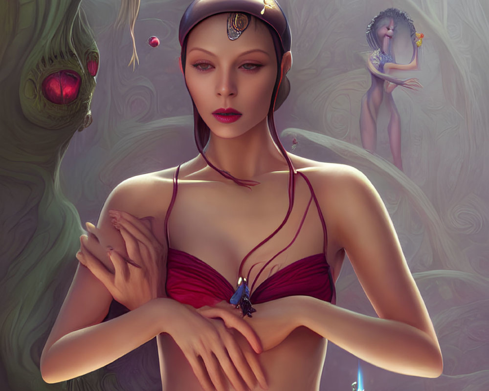 Fantastical digital illustration of female figure in unique headwear and red attire against mystical backdrop with another