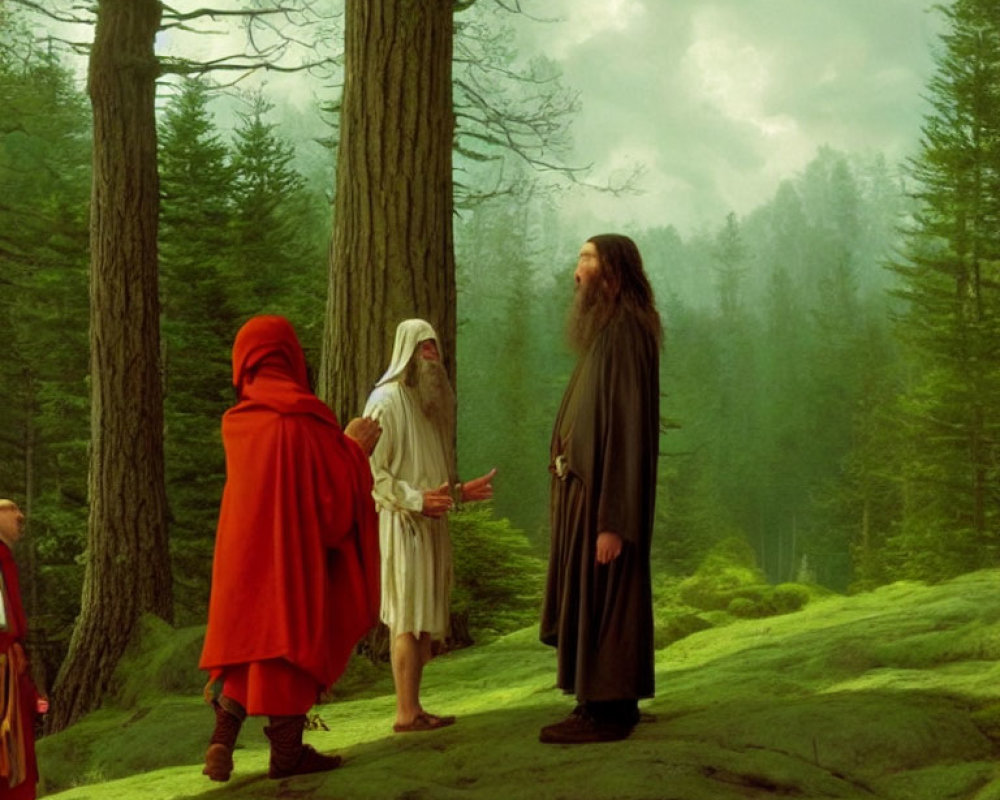 Three individuals in colored cloaks converse in sunlit forest clearing