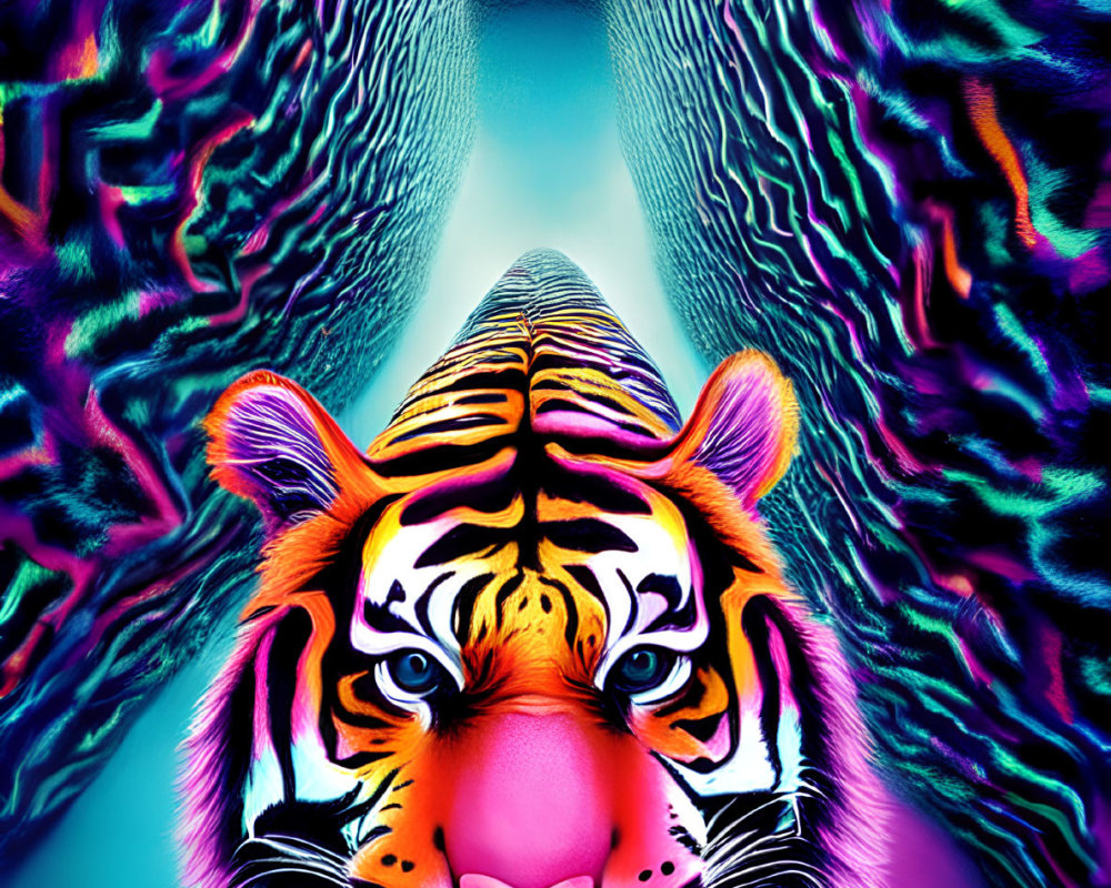 Symmetrical tiger face with colorful, psychedelic stripes